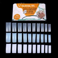 1. 100% Brand new and high quality2. 10 different sizes Acrylic False Nail half Cover Tips,  50 pcs for each size (size 0 -9)3. Suitable for nail extension with nail art decorations / nail gel / acrylic / etc.4. Can add nail art decorations on the nails and design your own style and pattern5. Easy to apply and hold with nail glue6. For professional salon or home use7.Description : Suitable for nail extension with nail art decorations / nail gel / acrylic / etc. 8.Can add nail art decorations on Natural Color Nails, Clear Nail Tips, Professional Manicure, Nails Set, Nails Tips, Clear Nails, False Nail, Nail Extensions, Nail Glue