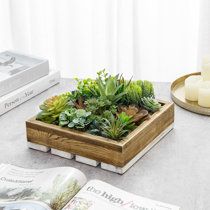 a wooden planter filled with succulents on top of a table next to candles