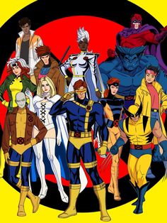 the x - men are standing in front of an orange circle