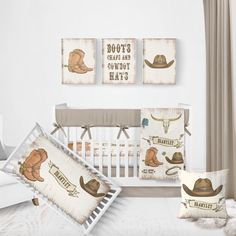 a baby's nursery room with cowboy themed items