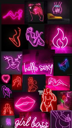 neon signs that are all different colors and sizes in the same area, including one with an