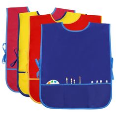 three aprons with different colors and designs on them