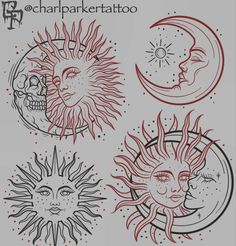 three sun and moon tattoos on a white background