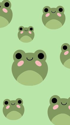 a green frog pattern with black eyes and pink cheeks, on a light green background