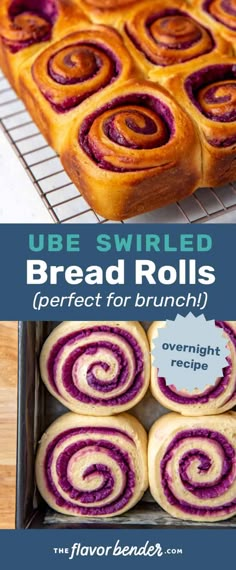 an image of bread rolls with purple swirls in the middle and text overlay that reads, ube swirled bread rolls perfect for brunch