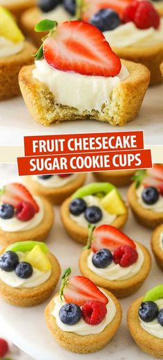 fruit cheesecake sugar cookie cups on a white plate with the title in the middle