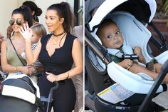 two pictures of a woman holding a baby in a stroller and another photo of a child in a car seat