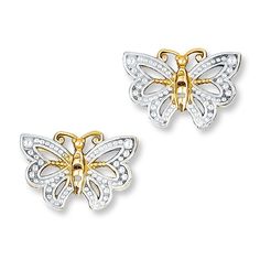 Twin butterflies take flight in these playful earrings for her. Crafted of 14K yellow gold with a white rhodium flash, the earrings fasten with friction backs. Butterfly Stud Earrings, Jewelry Education, Jewelry Advice, Butterfly Earrings Stud, Earring For Women, Discount Jewelry, Gold Butterfly, White Earrings, Yellow Gold Earring