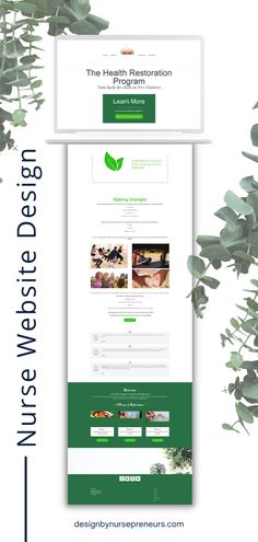 the website design is displayed on a white background with green leaves