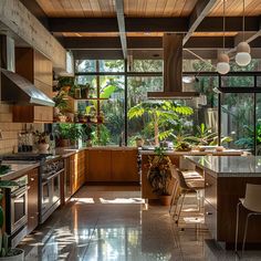 Mid-century modern kitchen connected to nature with indoor plants, natural materials, and elements maximizing views and natural light