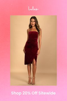 Grab a glass of bubbly and get ready to celebrate all night in the Lulus Glamorous Celebrations Wine Red Velvet Strapless Tulip Dress! Slightly stretchy velvet shapes this luxe dress that has a strapless neckline (with no-slip strips) and a boning-supported bodice. A high waist tops an overlapping tulip skirt that ends at a knee-grazing hem. Hidden back zipper/clasp. Fit: This garment fits true to size. Length: Knee Length. Size medium measures 36.5" from top to bottom. Bust: Great for any cup size. Waist: Fitted - very fitted at natural waist. Hip: Fitted - stretchy fabric allows room for hips. Undergarments: May be worn with a strapless bra, adhesive bra, petals, or no bra. Fabric: Fabric has some stretch. Dress Measures 8" Longer At Back. Lined to mid-thigh. Shell: 94% Polyester, 6% Spa Elegant Velvet Dress For Date Night, Elegant Velvet Midi Dress For Night Out, Fitted Velvet Midi Dress For Cocktail, Velvet Bodycon Dress For Night Out, Flirty Knee-length Strapless Cocktail Dress, Elegant Midi-length Velvet Dress For Night Out, Glamorous Velvet Mini Dress For Cocktail, Glamorous Velvet Cocktail Mini Dress, Holiday Velvet Mini Dress For Cocktail Events