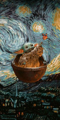 the child yoda is sitting in a bowl with an orange butterfly flying above it