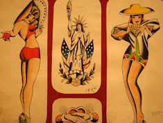 three pictures of women in bikinis and hats with tattoos on their arms, legs