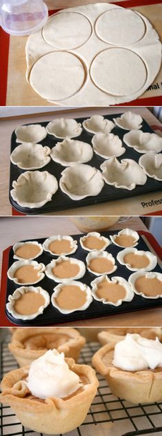 four pictures showing how to make pie crusts with whipped cream on top and bottom