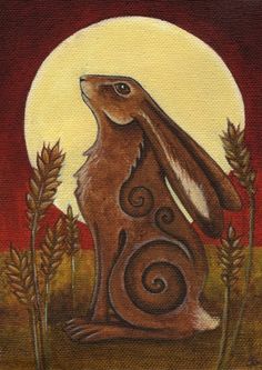 a painting of a brown rabbit sitting in front of a full moon