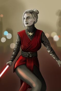 a drawing of a woman in a red dress with a light saber on her arm