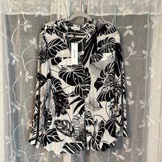 New With Tags, Black And White Tropical Print Long Sleeve Blouse With Button Up Sleeve. Black Collared Blouse For Vacation, Calvin Klein Summer Button-up Top, Casual Collared Tops By Calvin Klein, Calvin Klein Casual Collared Top, Casual Calvin Klein Collared Top, Spring Calvin Klein Button-up Tops, Calvin Klein Spring Button-up Tops, Calvin Klein White Long Sleeve Shirt, Calvin Klein Long Sleeve Tops With Button Closure