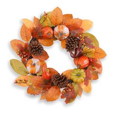 a wreath made out of leaves and acorns