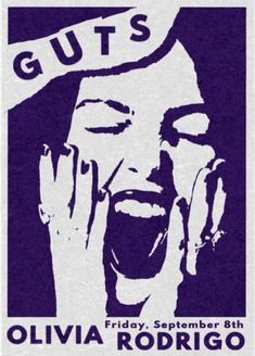 an image of a poster with the words guts written in purple and white on it