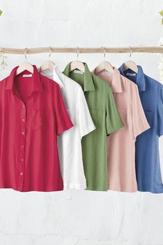 We gave our 100% Linen Camp Shirt a fit makeover you'll love – it’s easygoing, true-to-size and a bit longer. A classic yet modern look in pure sunwashed linen – the fabric of sunny seasons. Chest pocket, button front, side-slit hem. Imported. Knit Denim, Camp Shirt, Shirts Blouses, Camping Shirt, Linen Women, Petite Size, Jeans Shop, Fashion Pants, Chest Pocket