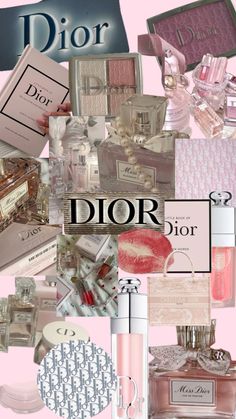 a collage of different items including perfumes, lipstick and other things on pink background