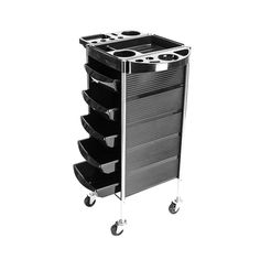 a black and silver trolley with five drawers