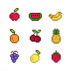 an image of pixelated fruits and vegetables on a white background in the style of 8 bit video games