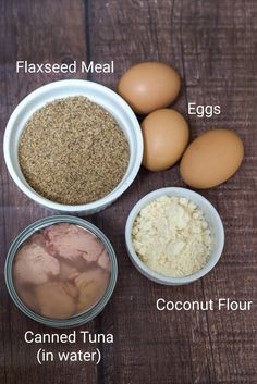 the ingredients to make an egg muffin are shown in bowls on a wooden table