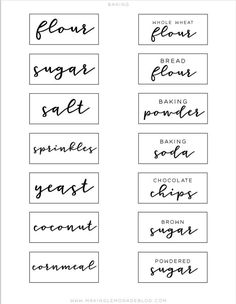 the printable labels for flour, sugar and other ingredients are shown in black ink