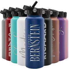 six different colored water bottles with the words brinstown printed on them, all lined up in a row