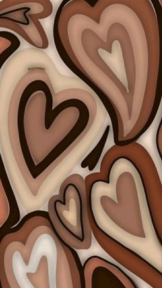 an abstract painting with hearts in brown, white and pink colors on a beige background