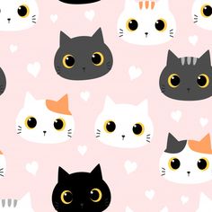 many cats with yellow eyes and hearts on a pink background