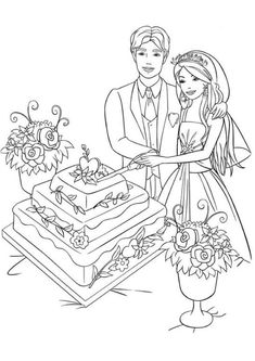 the bride and groom are standing in front of a cake with flowers on it, coloring page