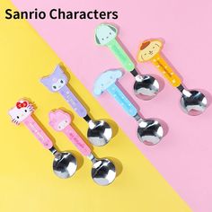 spoons with cartoon characters on them are lined up against a pink and yellow background