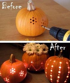 an orange pumpkin with holes in it and the words, before and after carved into it