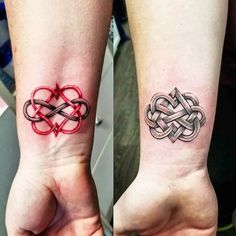 two matching tattoos on both wrist and arm, one with an intertwined heart in the middle