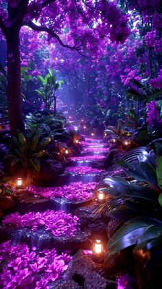 purple lights are shining in the trees and flowers on the ground, along with some rocks