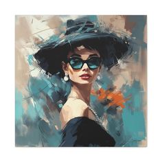 a painting of a woman wearing sunglasses and a hat