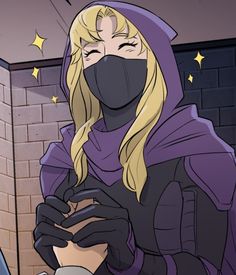 a woman wearing a black mask and purple outfit