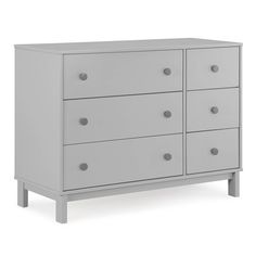 a gray dresser with six drawers and two doors on each side, in front of a white background