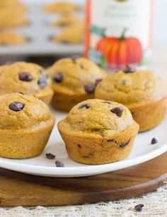 chocolate chip muffins on a white plate