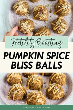 pumpkin spice bliss balls on a plate with the title text overlay reads fettliy boasting