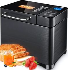 an image of a toaster with bread and fruit