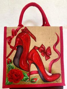 a hand painted purse with red shoes and roses