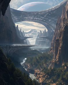 an alien landscape with mountains, rocks and water in the foreground is a bridge over a river