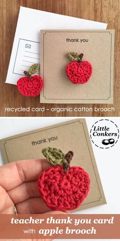 an apple brooch is shown with the words thank you written on it and in front of