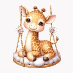 a baby giraffe sitting on a swing with flowers in it's mouth