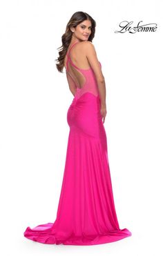 La Femme 31403 Dramatic rhinestone jersey gown with train and sheer detail around the back and sides. V neckline and open back. Light Periwinkle, Pink Evening Gowns, Jersey Prom Dress, Bodycon Gown, Evening Gowns With Sleeves, Dance All Night, Prom Dress Stores, Long Prom Gowns, Prom Dress Styles