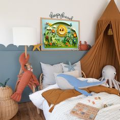 a child's bedroom with toys on the bed and in the background is a teepee tent