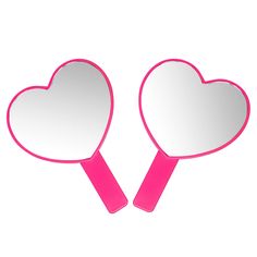 two heart shaped mirrors are shown against a white background, one is pink and the other is red